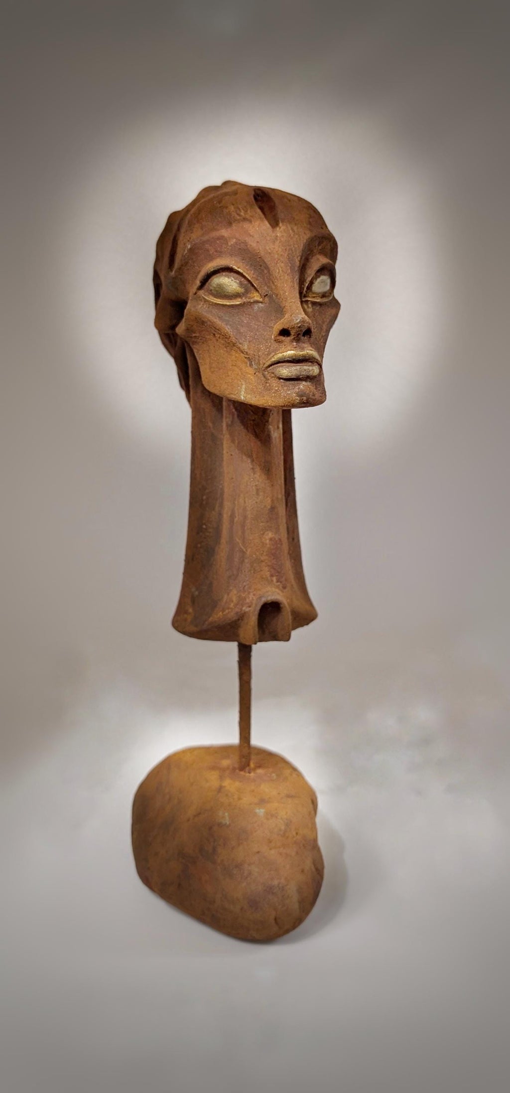 H.R. Giger-Inspired- Female Head Sculpture, Resin, Stone, Rust Finish, 13.6"