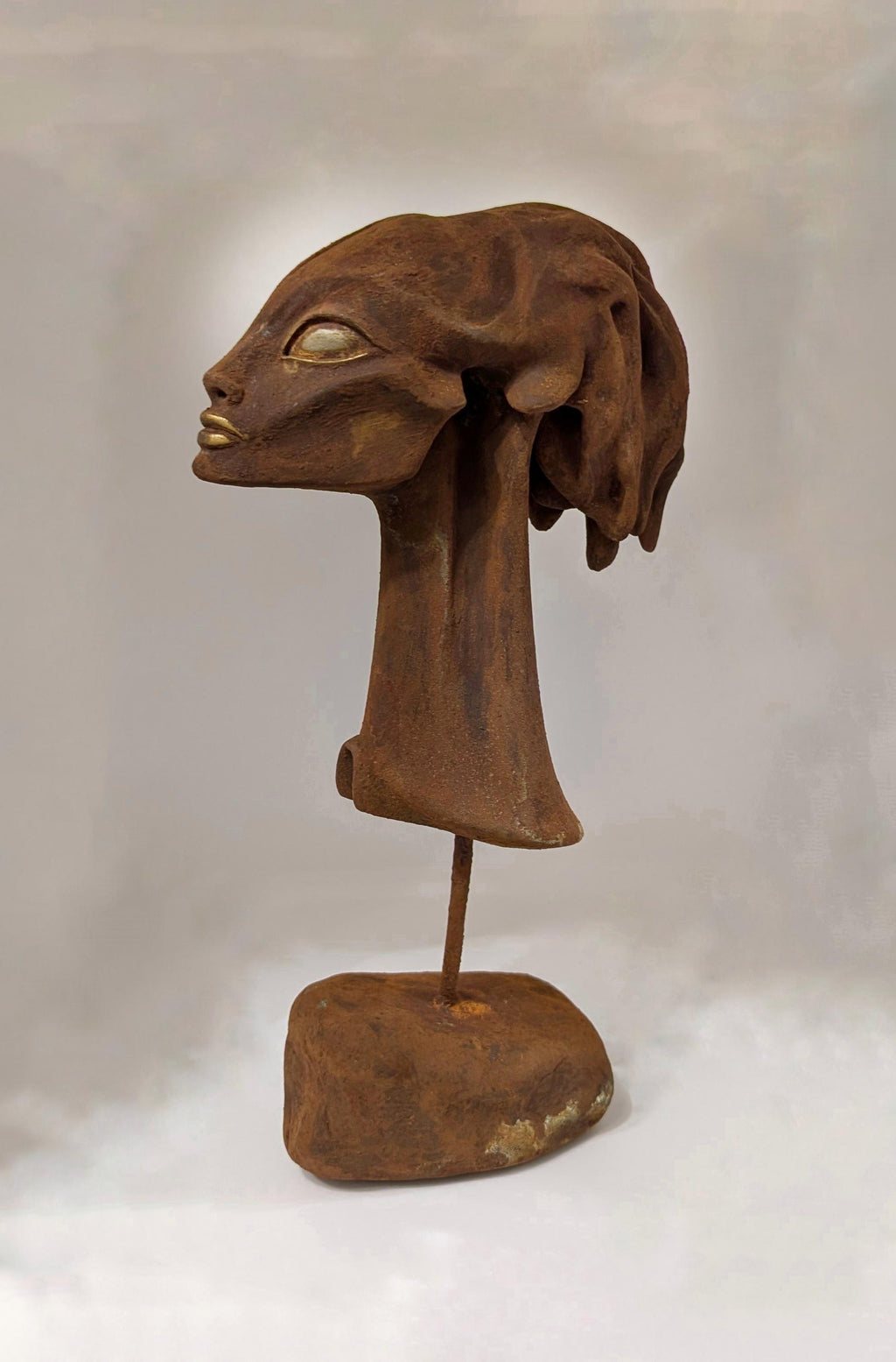 H.R. Giger-Inspired- Female Head Sculpture, Resin, Stone, Rust Finish, 13.6"