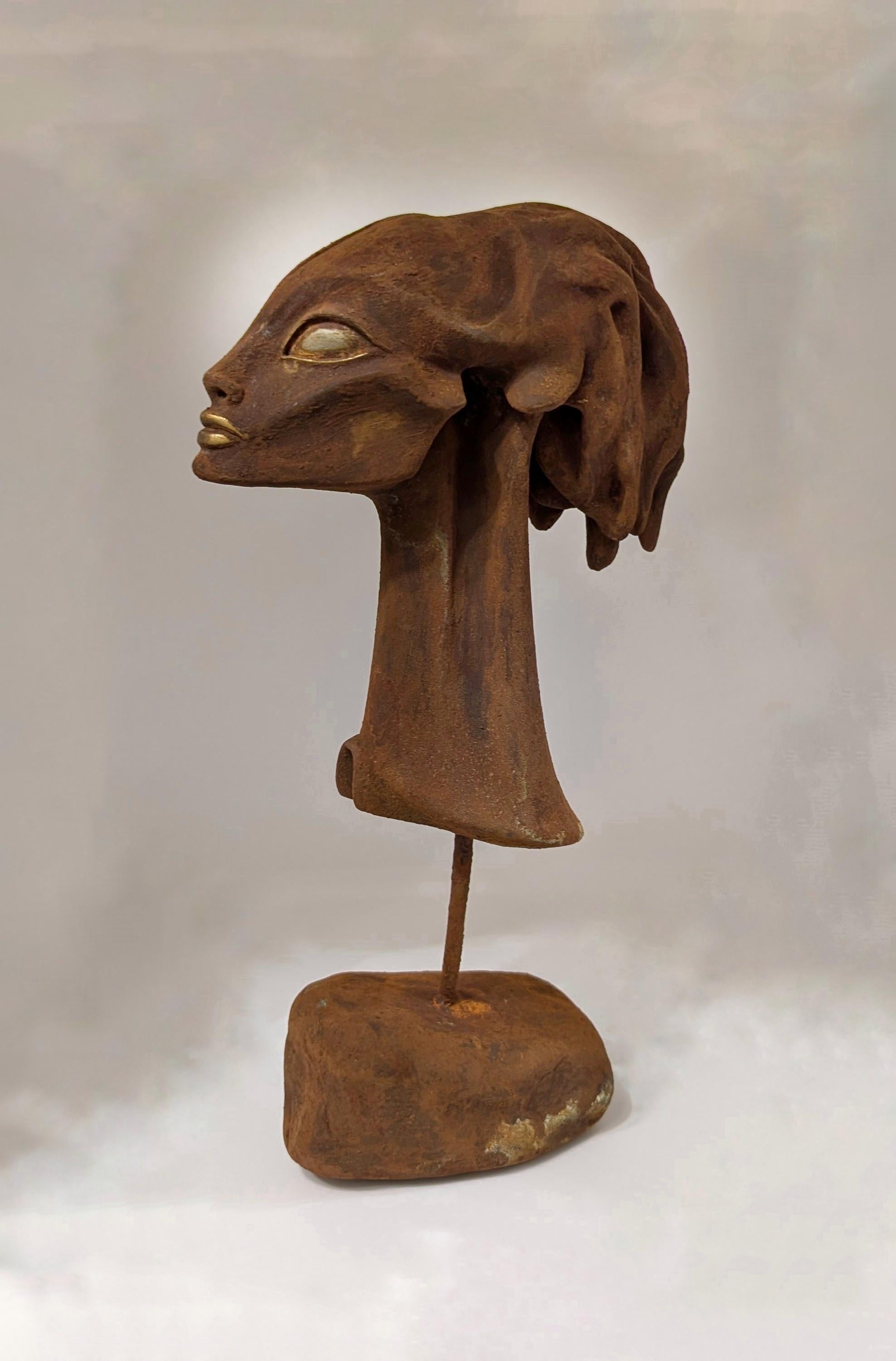 H.R. Giger-Inspired- Female Head Sculpture, Resin, Stone, Rust Finish, 13.6"
