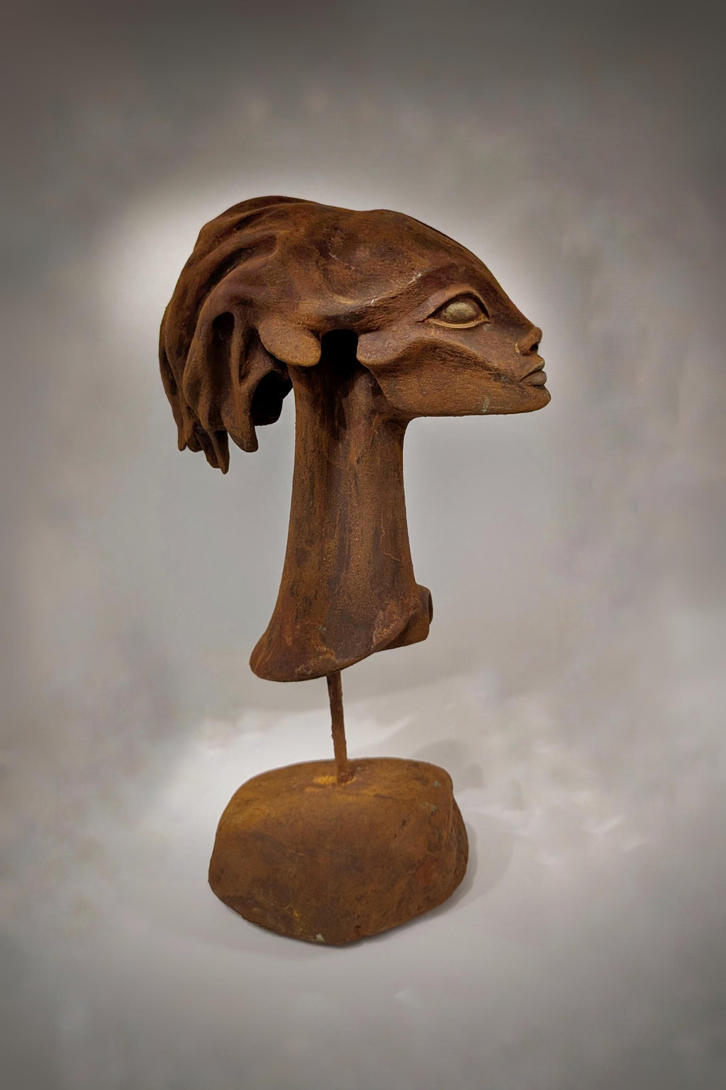 H.R. Giger-Inspired- Female Head Sculpture, Resin, Stone, Rust Finish, 13.6"