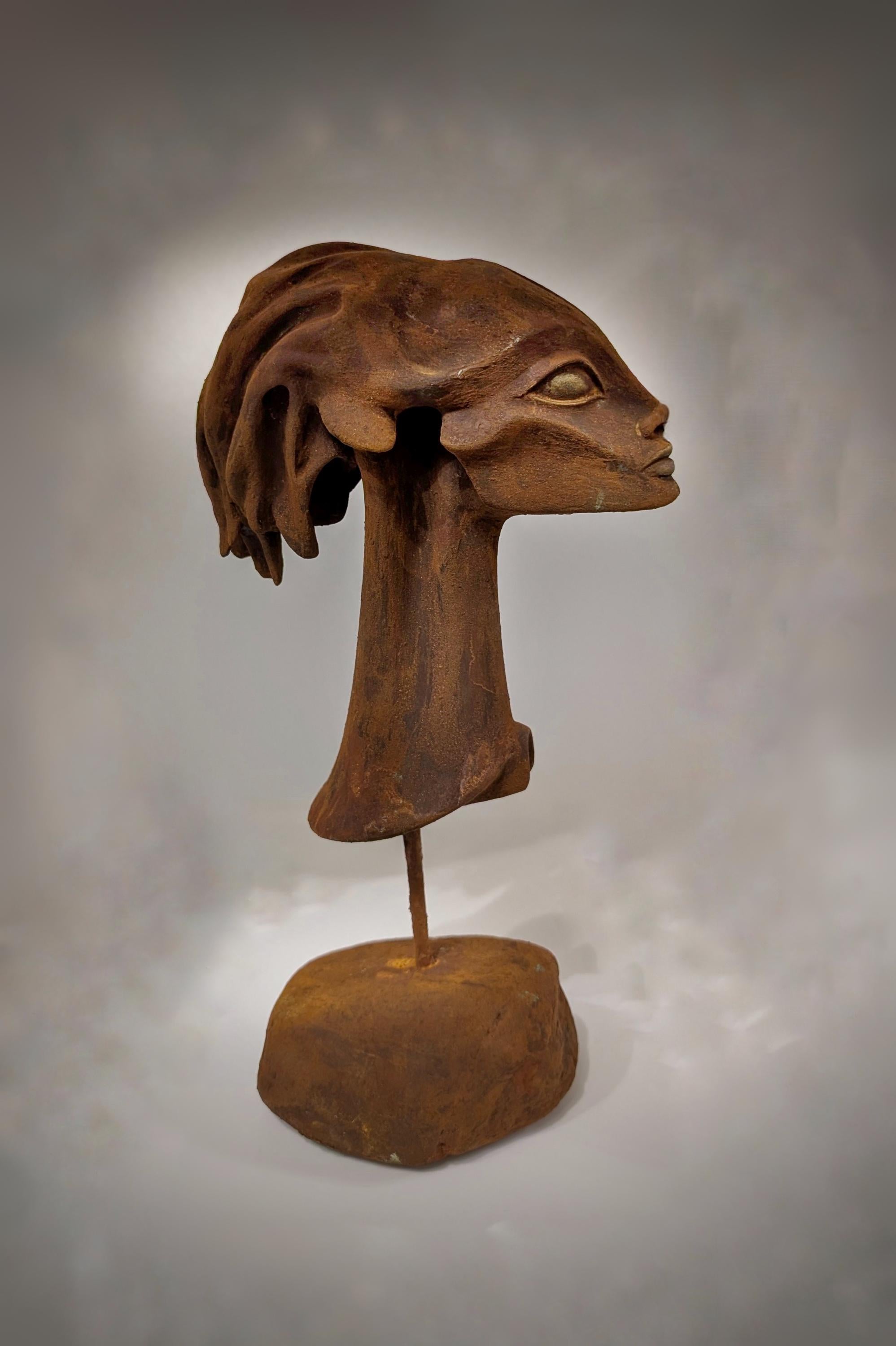 H.R. Giger-Inspired- Female Head Sculpture, Resin, Stone, Rust Finish, 13.6"