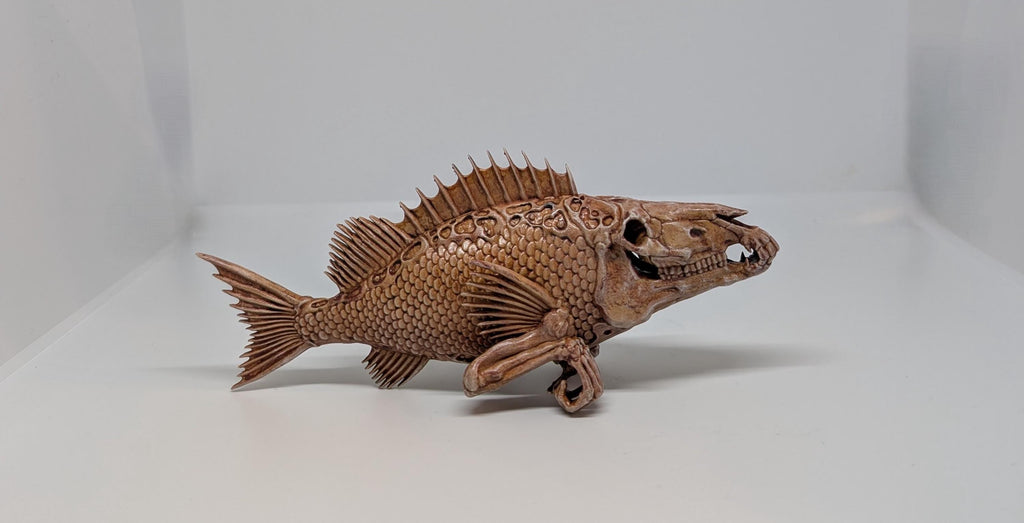 Surreal Fish Sculpture – 3D Printed & Hand Painted – Dark Fantasy Decor,Resin,Length 7.7 inches ,Sculpture design by Alex D.