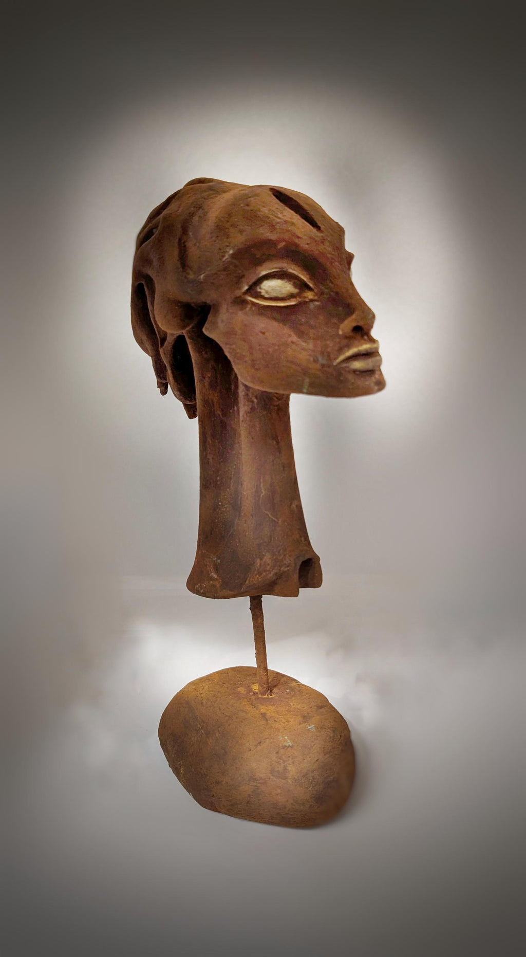 H.R. Giger-Inspired- Female Head Sculpture, Resin, Stone, Rust Finish, 13.6"