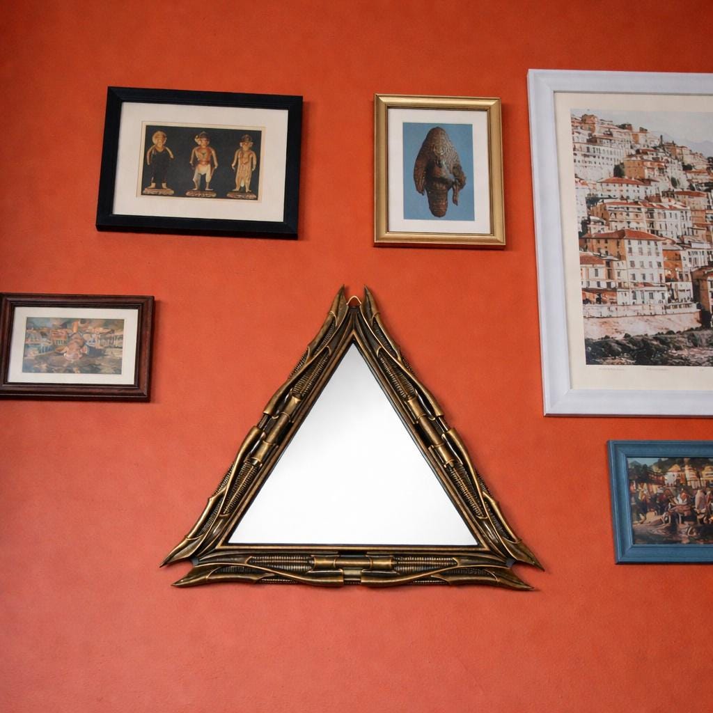 Inspired by H.R. Giger -Mirror Triangular 1983 H 11.02" (28 cm/280 mm) W 12.99" (33 cm/330 mm)